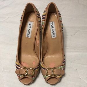 Steve Madden Multicolor Striped Peep-Toe Flats with Tan Trim 7.5